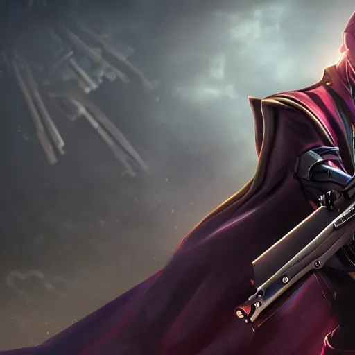 Prompt: jhin from league of legends with his rifle, cinematic shot, 4k detailed, digital art