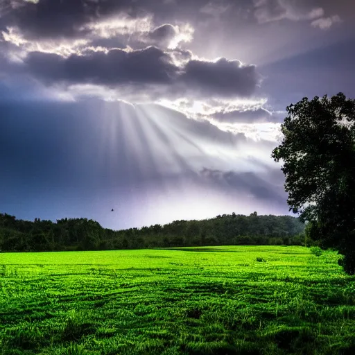 Prompt: a cinematic landscape view looking out a window into an open field with a small creek, wind blows the leaves, and the sun shines through the parted clouds