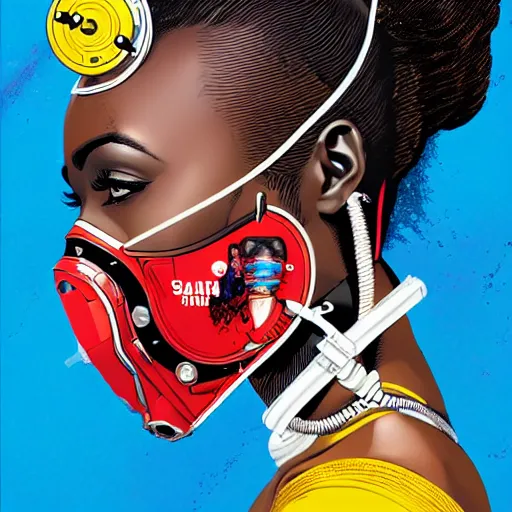 Image similar to a profile photo of a african woman with a diving oxygen mask with side profile blood in ocean intricate details by MARVEL comics and Sandra Chevrier-C