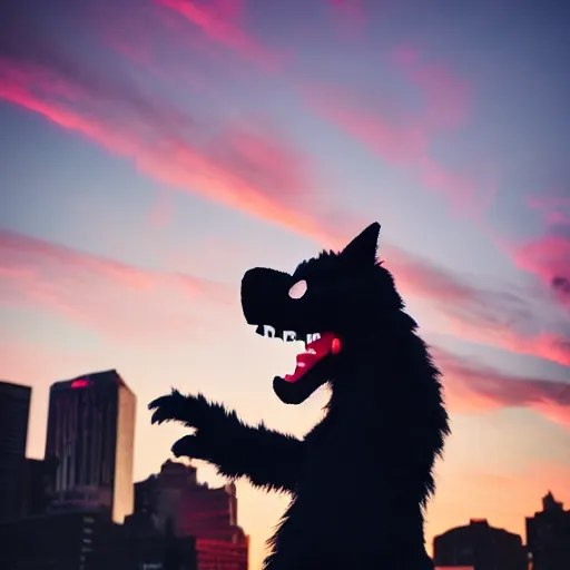 Image similar to photograph of a black dragon fursuiter at a furry convention in the city, outdoors during sunset, studio photography, f/1.8 cinematic lens