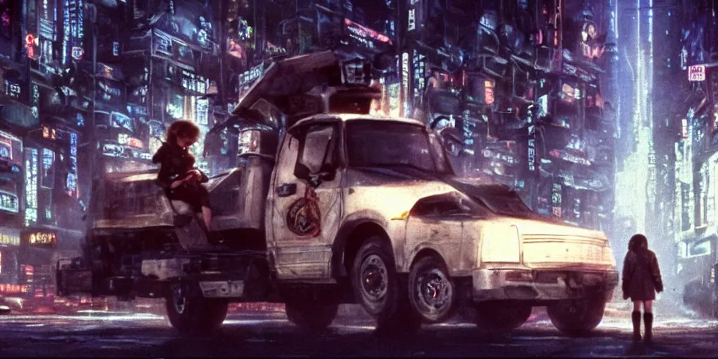 Image similar to at night, a white teenage girl with a pixie haircut in an oversized man's jacket hangs onto back door of a giant truck as it drives towards the factory district : a still from a sci - fi dystopian cyberpunk film by steven spielberg from 1 9 8 0 s, shot on 3 5 mm film by janusz kaminski