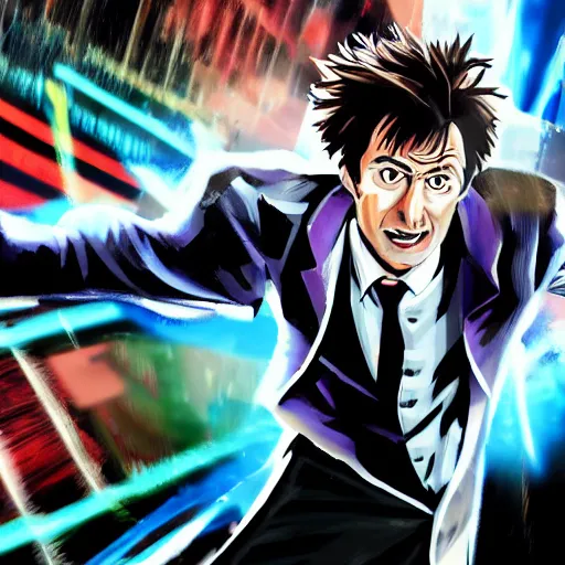 Prompt: the Tenth Doctor running towards the camera in the style of Boko No Hero Academia