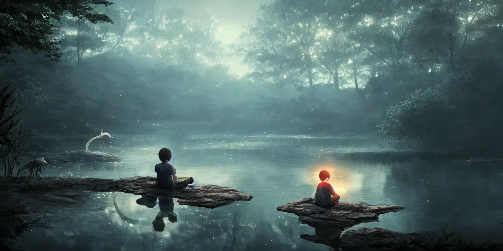 Image similar to a silver dragon and a boy sitting next to lake in forest, many fireflys, at night, concept art, dof, cryengine, digital art, detailed background, makoto shinkai