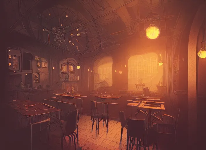 Image similar to illustrated steampunk cafe interior, colorful, mads berg, karolis strautniekas, christopher balaskas, stippled light, low fog, moody, fine texture, editorial illustration, dramatic lighting, dynamic composition, detailed, matte print, muted color, ( ( victo ngai ) ), wide angle