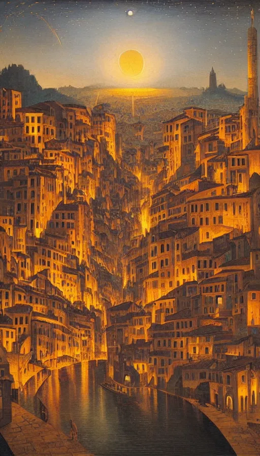 Prompt: The starlit city of wisdom and dreams at sunset, italian futurism, da vinci, Josan Gonzalez