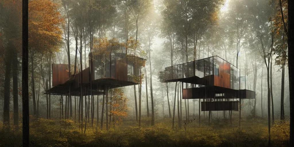 Prompt: real treehouses, on thick stilts, made of staked glass shipping container, modernist, mysterious forest, autumn, atmospheric, misty, smoky atmosphere, some rays of light, cgsociety, oil on canvas, masterpiece, cinematic composition, hyper - detailed, hd, hdr, 8 k, by ruan jia, michael komarck, greg rutkowski