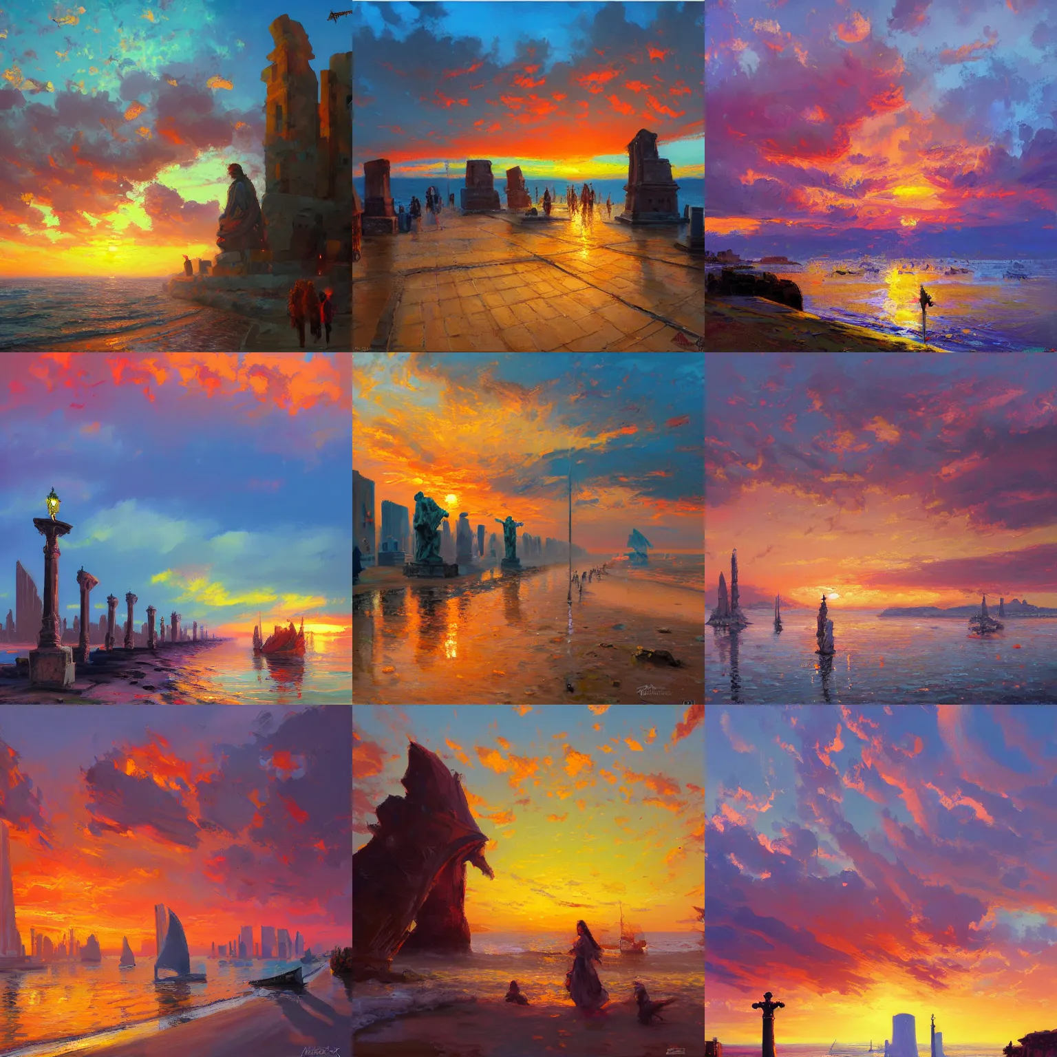 Prompt: acrylic painting, impressionism and expressionism, bold pastel colors, expressive brushstrokes, a spectacular sunset over the shore of the island of monuments and statues, by andreas rocha, trending on artstation