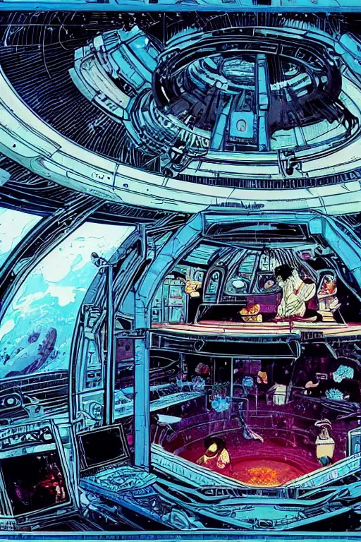 Image similar to Inside a room alien spaceship with large window that provide a scenic view of a huge planet can be seen in the background, Highly detailed labeled, poster, aesthetic, haeccety by Feng Zhu and Loish and Laurie Greasley