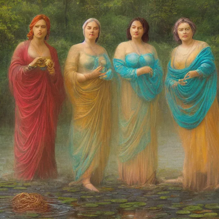 Prompt: a color photograph, closeup portrait of three women wrapped in gold, the three fates, standing next to a levitating turquoise orb, in a misty pond, color photograph, by vincent desiderio, canon eos c 3 0 0, ƒ 1. 8, 3 5 mm, 8 k, medium - format print