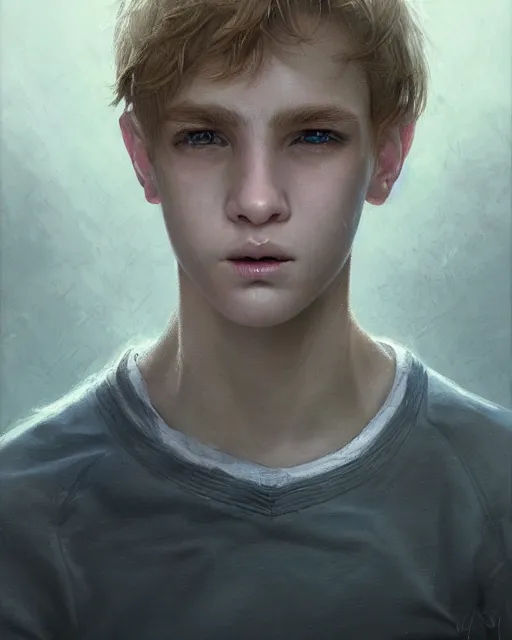 Image similar to portrait of 1 5 - year - old boy with blonde hair, round - face, and slightly buck - toothed, hyper realistic face, beautiful eyes, fantasy art, in the style of greg rutkowski, intricate, hyper detailed, smooth