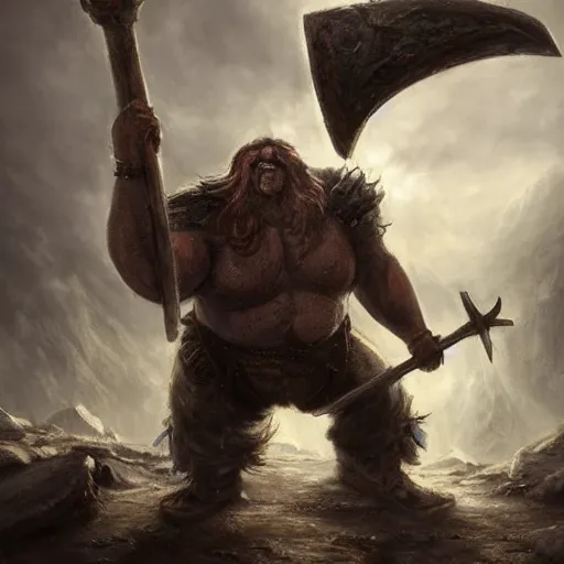 Image similar to A stunning, realistic portrait of an enormous troll. He holds a giant war hammer. Bodies of warriors are littered around the bridge he is guarding. Epic fantasy art. Award-winning on Artstation. Sharp. HD. 4K. 8K