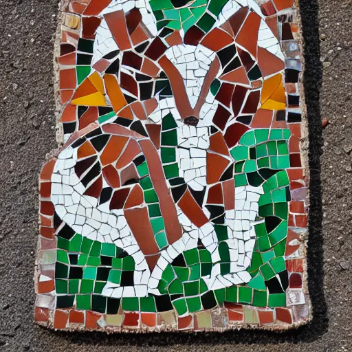 Image similar to mosaic sculpture of a chimera!!!, irregularly shaped mosaic tiles, hand glazed pottery shards, in the style of folk art, in a cottagecore flower garden