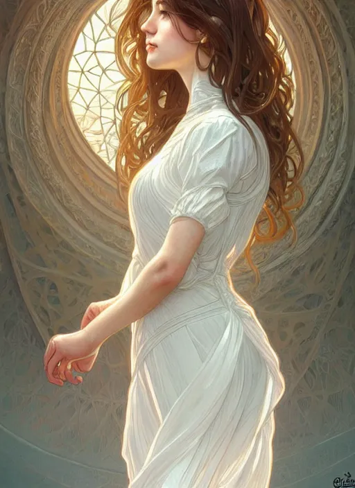 Image similar to long shot, woman posing, short wavy hair, round face, intricate white dress, cottagecore!!, inside water, intricate, enlightened, highly detailed, digital painting, artstation, concept art, smooth, sharp focus, illustration, art by artgerm and greg rutkowski and alphonse mucha