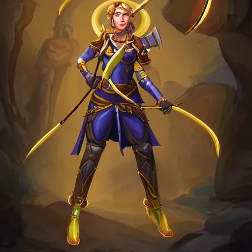 Prompt: beautiful female archer, yellow lighting, emma waston face, in hearthstone art style, epic fantasy style art, fantasy epic digital art, epic fantasy card game art