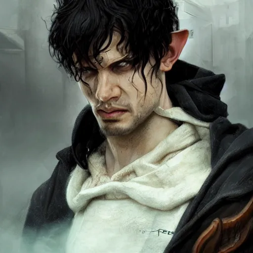 Prompt: portrait of a hooded half - elf man with black hair in a suburb, strong, angry, fantasy, highly detailed, digital painting, artstation, concept art, character art, art by greg rutkowski and tyler jacobson and alphonse mucha