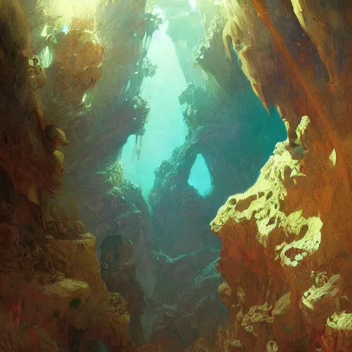 Image similar to masterpiece digital painting of underwater caves by kev walker and greg rutkowski and mucha, artstation, deviantart, closer view, cinematic lights