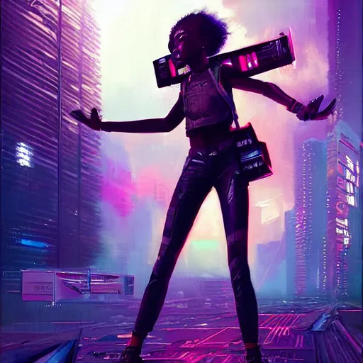 Image similar to a black girl flying through the synthwave city with a rocketpack in a cyberpunk style by greg rutkowski and android jones, oil on canvas