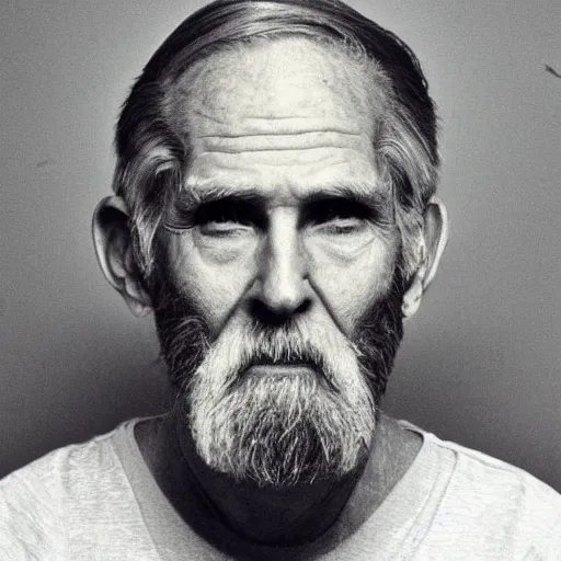 Prompt: A mugshot portrait of a old man who looks like Jerma985 with a mid-length horseshoe haircut with a beard, wearing mid-1980s menswear in the late 2008, taken in the late 2010s, grainy, realistic, hyperrealistic, very realistic, highly detailed, very detailed, extremely detailed, detailed, trending on artstation, front facing, front view, headshot and bodyshot, detailed face, very detailed face