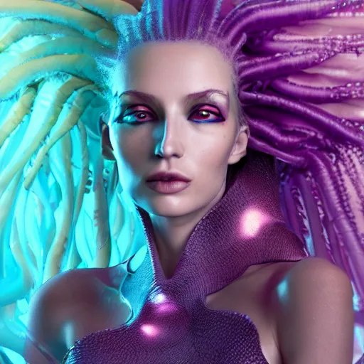 Image similar to 8 k octane render, photo realistic, haute couture, iris van herpen, mugler, techno mystic, inanna ashteroth with aqua neon rapunzel dreadlocks, nautical siren, princess intergalactica, gateway to futurisma