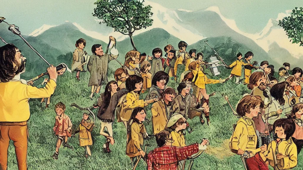 Image similar to A vintage scientific illustration from the 1970s of the Pied Piper luring hundreds of children up a hill while playing his pipe by Wes Anderson