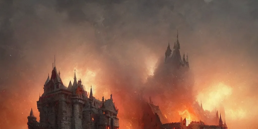 Image similar to A castle made out of white stone covered in fire, rising smoke, dark fantasy, nighttime, hyper realistic, by greg rutkowski, trending on artstation