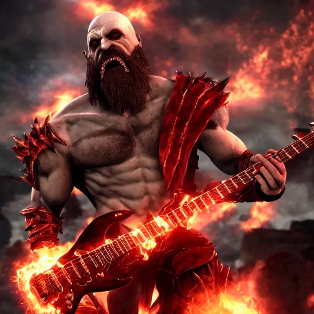 Image similar to flaming eyes kratos shredding on a flaming stratocaster guitar, cinematic render, god of war 2 0 1 8, santa monica studio official media, flaming eyes, lightning