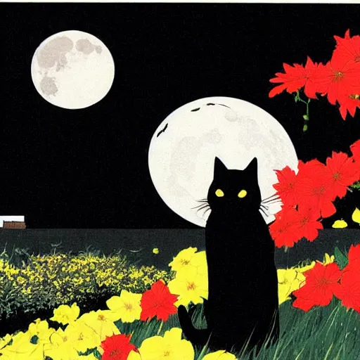 Prompt: black cat, moon, flowers, super detailed, tatsuro kiuchi, by ilya kuvshinov, by clyde caldwell