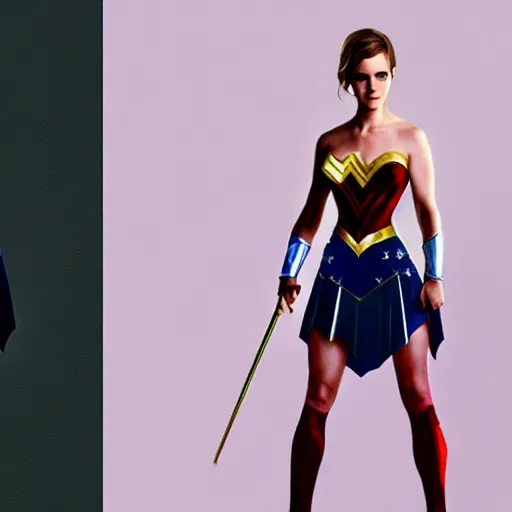 Image similar to full body portrait concept art of emma watson as wonder women, art station, trending, illustration, digital art, hero art, deviant art, hd, 8 k, unreal engine 5 render