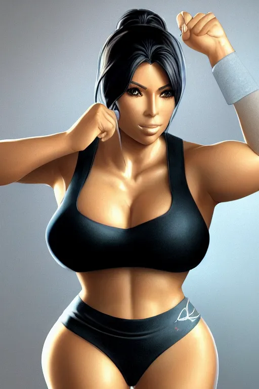 Image similar to photorealistic 3 d render of kim kardashion as an impossibly curvy anime girl wearing a gym outfit, by artgerm and earl norem, featured on pixiv, booru, exaggerated proportions, high resolution digital art, 4 k, beautiful symmetric face, subsurface scattering, volumetric lighting, realistic skin texture, aesthetic!!!!!