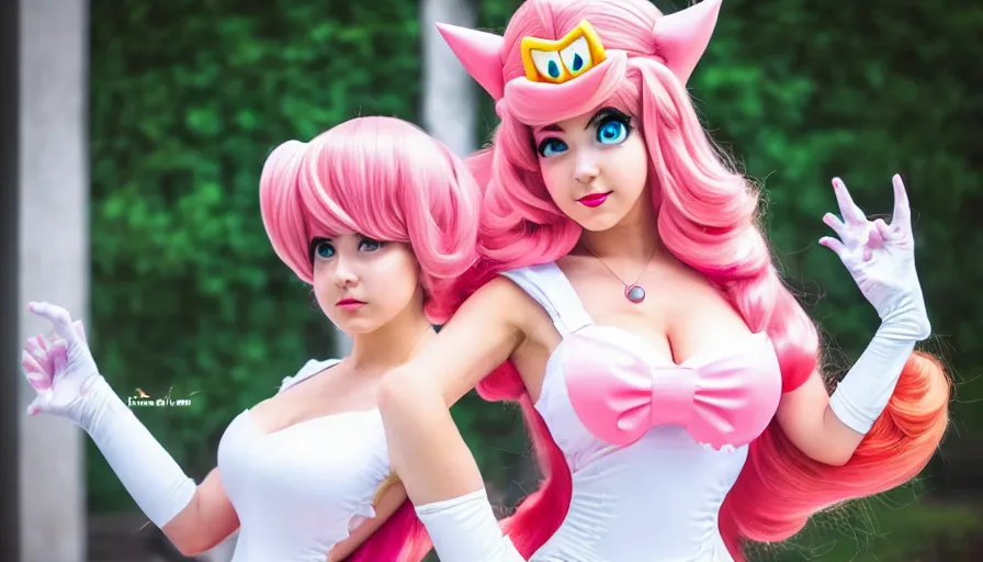 Image similar to amazing cosplay of princess peach from mario, symmetrical, cinematic, elegant, luxury, real photography, 4 k, ultra hd, cosplay journal cover