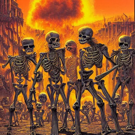 Prompt: skeletons standing in ruined street after nuclear explosion by Greg Hildebrandt. Gamma rays