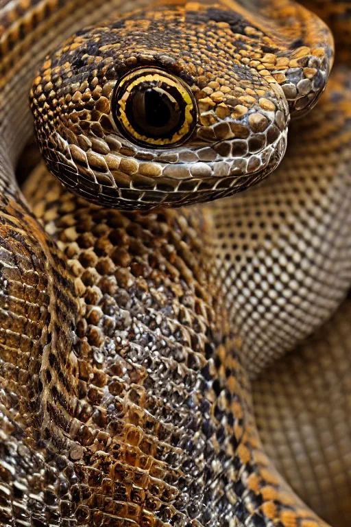 Image similar to a macro photo of a snake staring at the camera, dynamic pose, close - up, intricate details, intricately detailed scales, intricate textures, warm lighting, vivid colors, smoke and mist, realistic octane render, hyper realistic render, volumetric shading, depth of field, raytracing, 8 k,