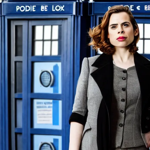 Prompt: a beautiful full body photograph of hayley atwell dressed as the doctor from doctor who standing in front of the tardis, symmetrical face, extreme realism and detail, 8 k, completely framed, direct lighting, 3 5 mm photo, photorealistic, sharp focus