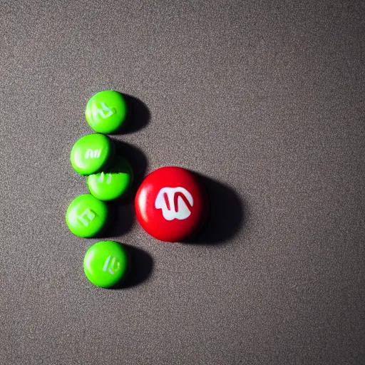 Prompt: a single red m & m candy with white arms and legs, a red sphere