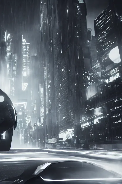 Image similar to the batmobile driving through a futuristic city. fluorescent light. pov from behind the wheel. octane render. 8 k. monochrome. black and white. mist. atmospheric. cinematic.