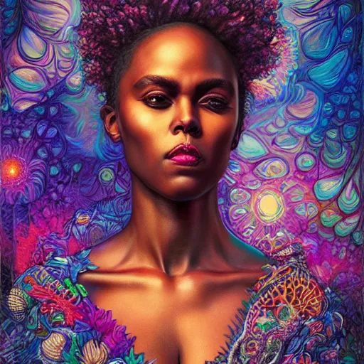 Image similar to portrait of dewanda wise, hyper detailed masterpiece, neon floral pattern, jean giraud, digital art painting, darkwave goth aesthetic, psychedelic, artgerm, donato giancola and tom bagshaw