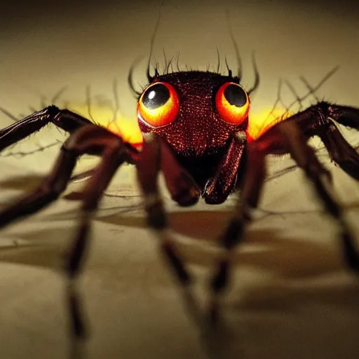 Image similar to a creature from a major horror hollywood movie, spider with glowing veins and many eyes