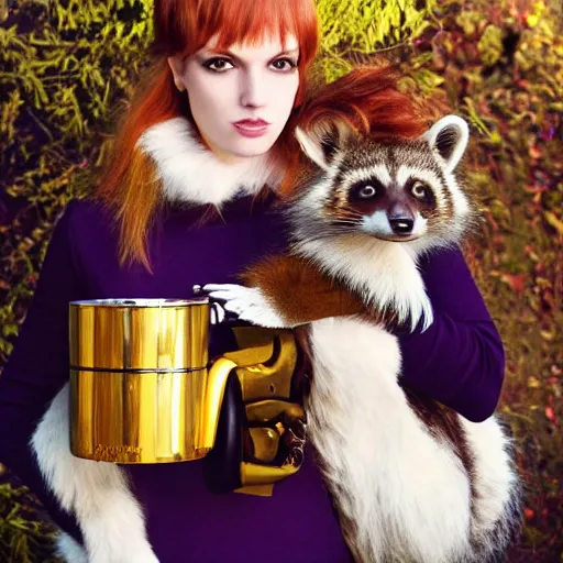 Prompt: a photo by arbus of a slender beautiful woman with straight ginger hair and bangs, wearing purple leathers and gold helmet, posing with large ginger tabby and raccoon on a motorcycle in her front yard, holding coffee mug and toasted brioche bun, fashion photography, dramatic lighting, 8 5 mm lens