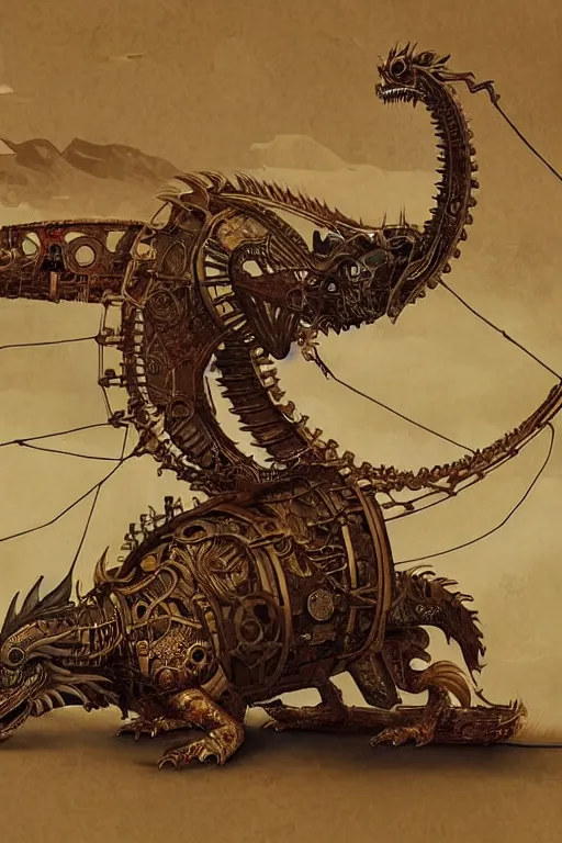 Image similar to illustration, old sick gold and crimsoned scaled asian style dragon on a steam punk plank of machinery with wires and gears and steam punk apparatus, matte painting, style of studio ghibli, concept art, featured in artstation and artgerm and pixiv, award winning, cinematic, 8 k