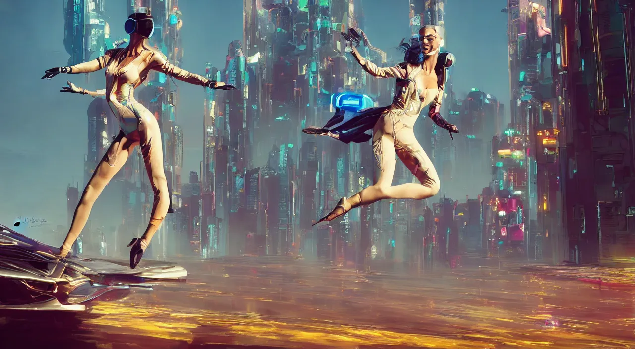 Image similar to a dancer with futuristic clothes dances in a swirling wind by john philip falter, style of cyberpunk 2 0 7 7, trending on artstation