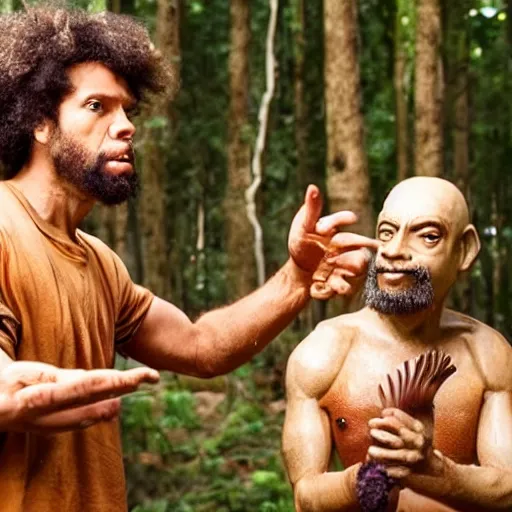 Prompt: one neanderthal saying bruh to another, holding a mushroom, both shocked