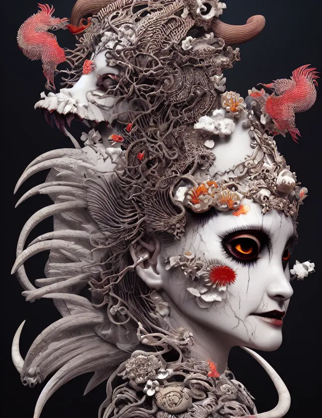 Image similar to 3 d goddess of hell close - up profile portrait with ram skull. beautiful intricately detailed japanese crow kitsune mask and clasical japanese kimono. betta fish, jellyfish phoenix, bio luminescent, plasma, ice, water, wind, creature, artwork by tooth wu and wlop and beeple and greg rutkowski