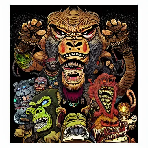 Image similar to barong family, wiwek, mara demon, one single tribe member, jungle, one single mask, dark, ancient warrior, stupid silly dumb gorilla moron, fat lizard, tribal, inner glow, art by dan mumford and justin gerard