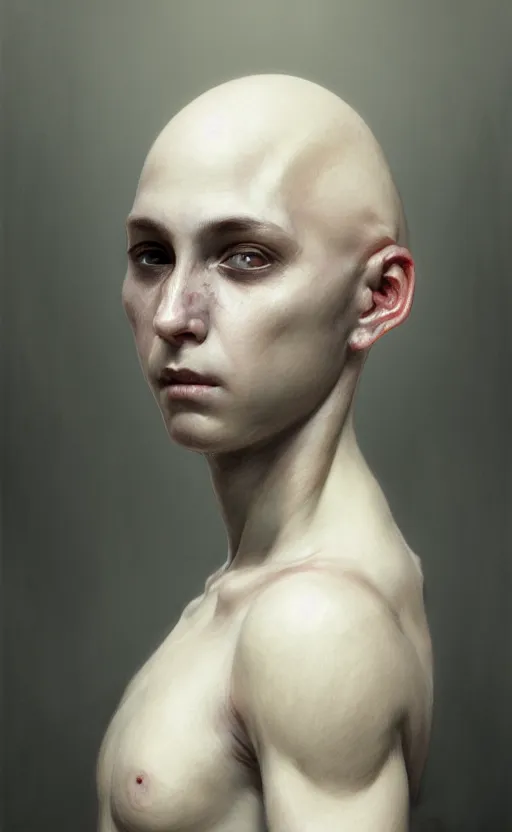 Image similar to a detailed portrait of a weird looking sick human child, white skin, bald, white eyes, black background, concept art, deep focus, intricate, highly detailed, digital painting, artstation, matte, sharp focus, illustration, art by greg rutkowski and alphonse mucha