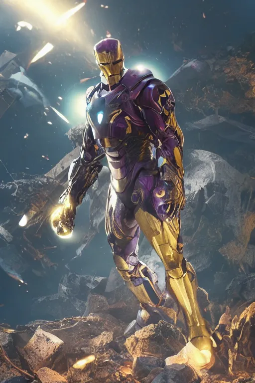 Image similar to thanos in a damaged and broken iron man suit, cinematic, volumetric lighting, f 8 aperture, cinematic eastman 5 3 8 4 film, photorealistic