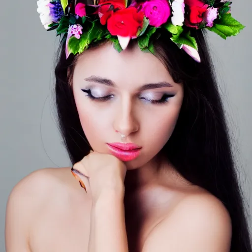 Image similar to a beautiful portrait of a female model with flower headpiece for photoshoot, photography