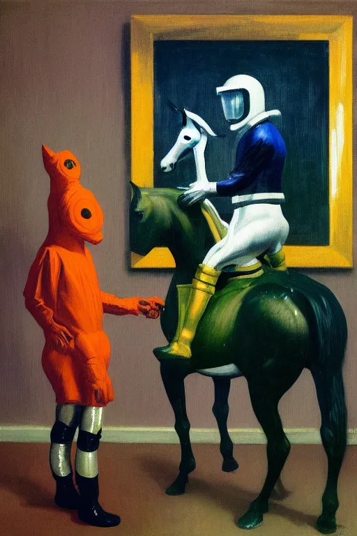 Image similar to man in horse costume, horse in costume astronaut, horse racing, astronaut helmet on horseback, hauntingly surreal, highly detailed painting by francis bacon, edward hopper, adrian ghenie, gerhard richter, and james jean soft light 4 k,