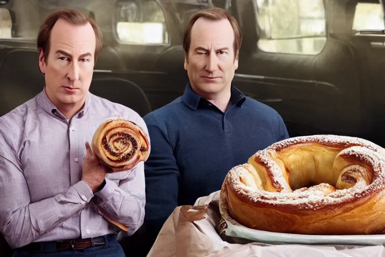 Image similar to Bob odenkirk wrapped in a giant cinnamon bun