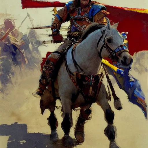 Image similar to mel gibson as rider with couched jousting lance, colorful caparisons, chainmail, detailed by greg manchess, craig mullins, bernie fuchs, walter everett