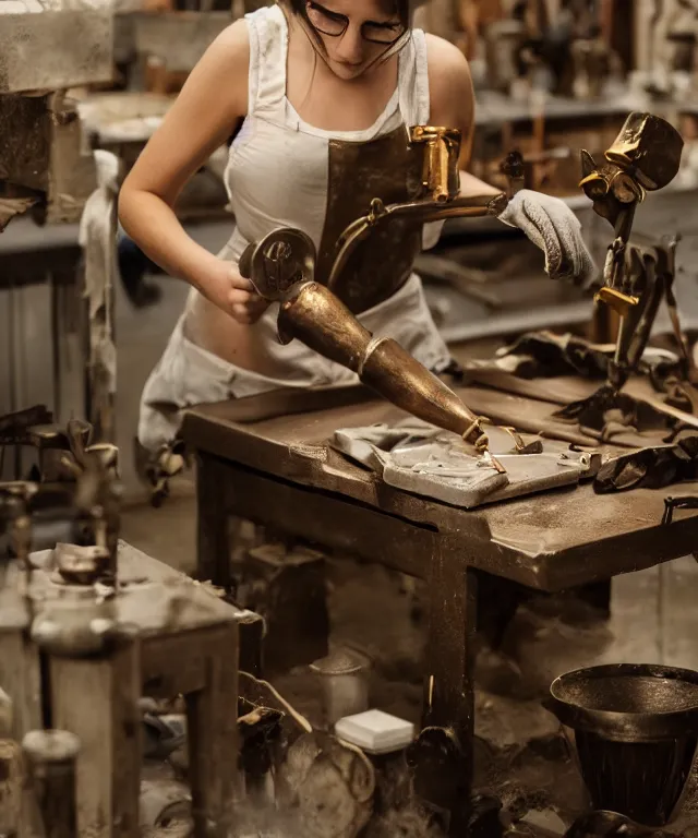 Image similar to A beautiful girl makes bronze gear on a workbench, 50mm photo, soft light, highly detailed, motion blur, trending on artstation